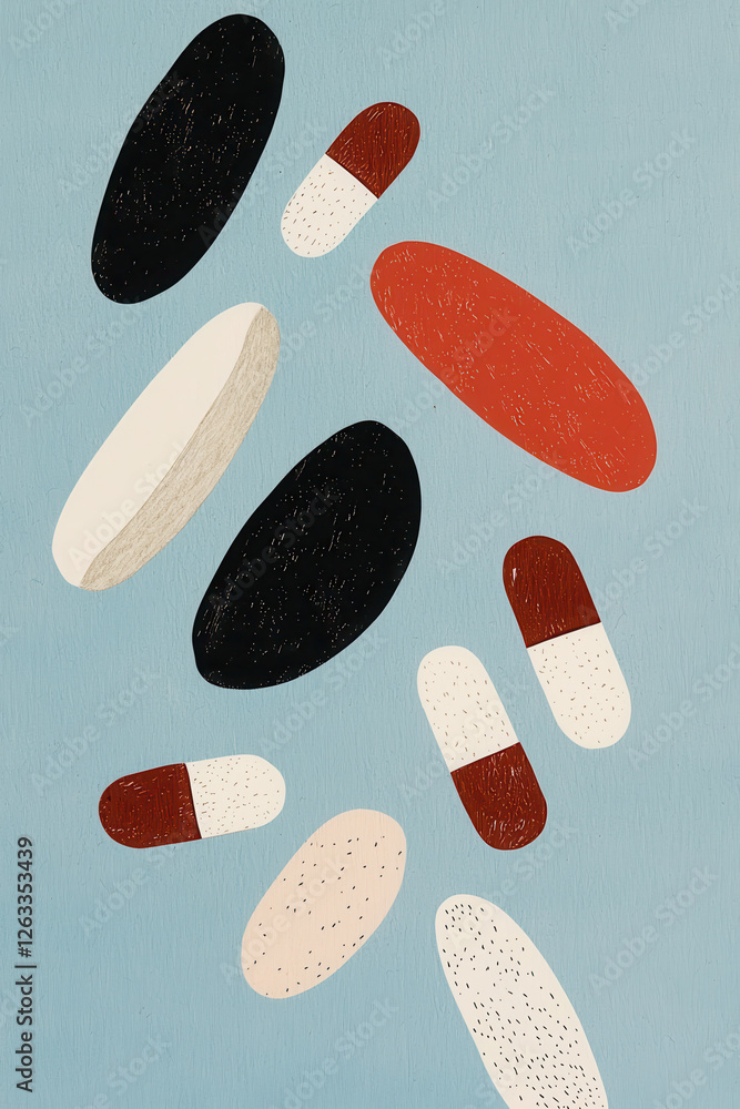 Poster exploring the intersection of health and art through colorful abstract capsule illustrations on a se