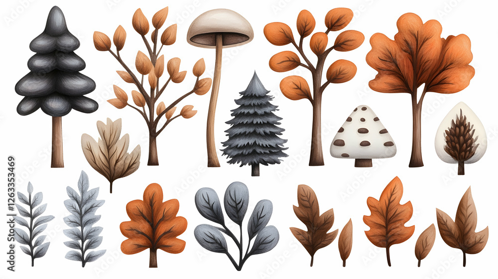 Poster autumn forest plants set trees and mushrooms on white for autumn design element. generative ai