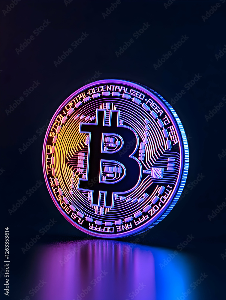 Poster bitcoin cryptocurrency with neon reflection for finance use on a dark background. generative ai