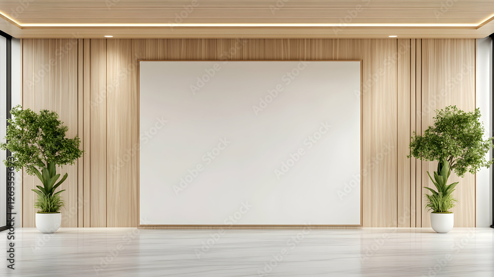 Poster blank canvas on the wall of a gallery with plants. possible for mockups. generative ai