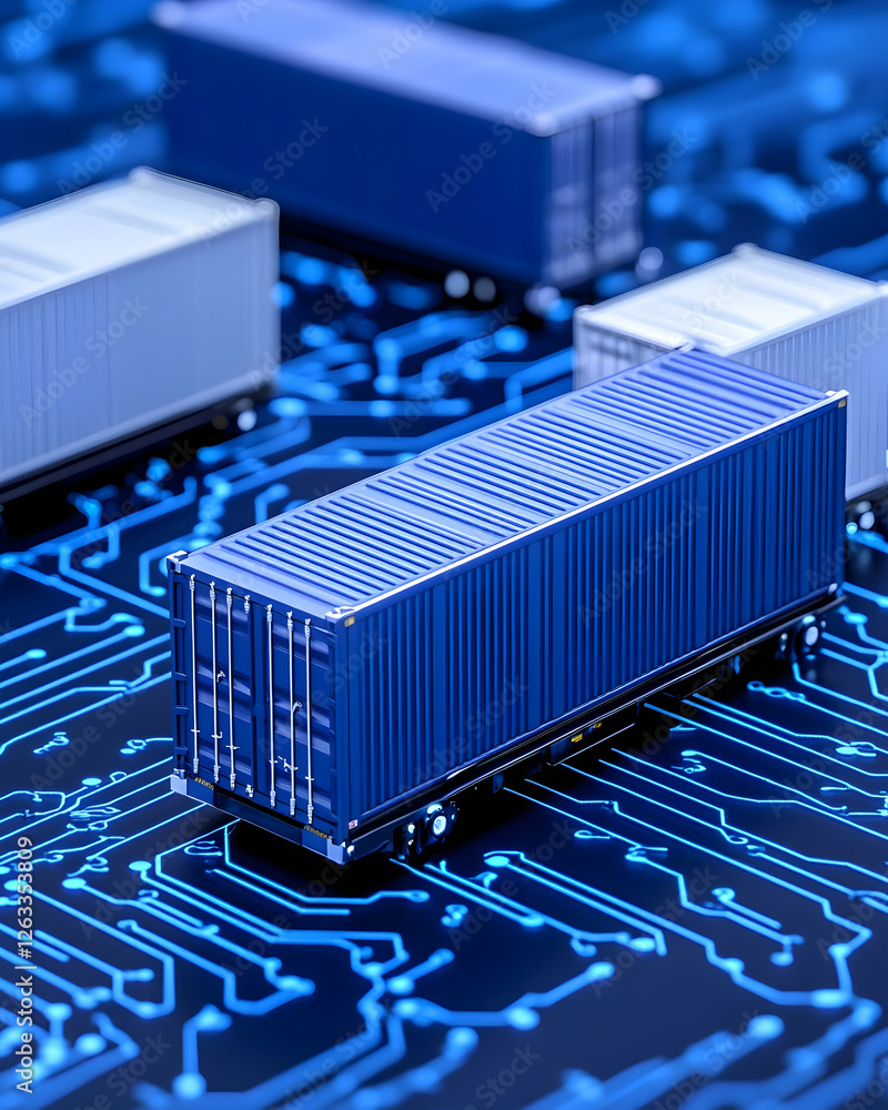 Poster blue container models on a circuit board pattern, for logistics and technology uses. generative ai