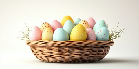 Colorful Easter eggs arranged in a woven basket on a neutral background celebrating spring festivities