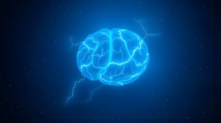 Human brain digital illustration.  and lightning on a blue background. Digital Illustration of the Human Brain. Electrical Activity, Flashes