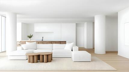 Bright interior living space of minimalist, modern apartment, for real estate. Generative AI