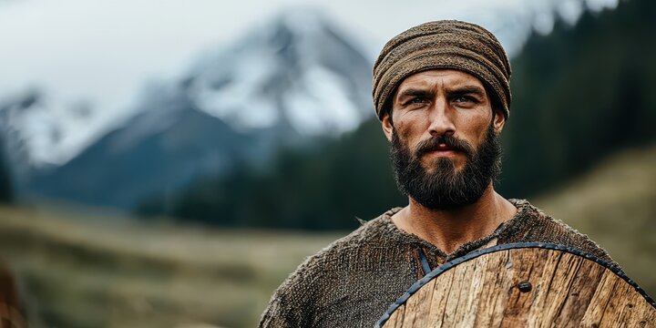 A rugged warrior stands with a shield, mountains in the background, showcasing strength and resilience.