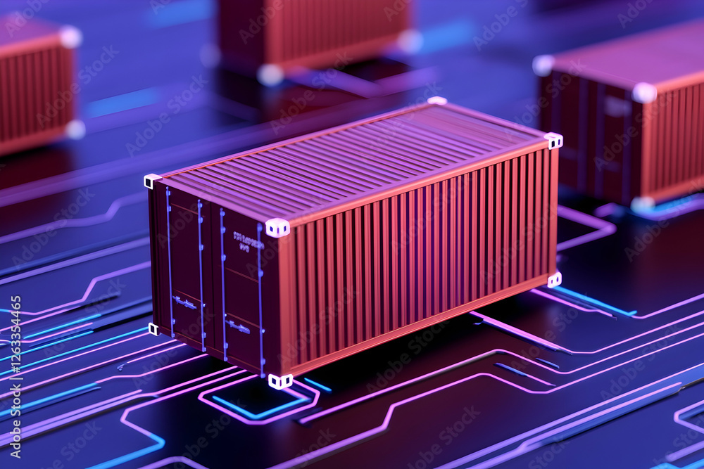 Poster cargo containers linked on circuit board, symbolizing supply chain logistics. generative ai
