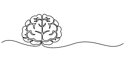 One continuous line illustration of a human brain, isolated on white background. Line art of human brain, Continuous Line Drawing of Deep Learning Icon. Hand Drawn Symbol Vector Illustration, pro. 