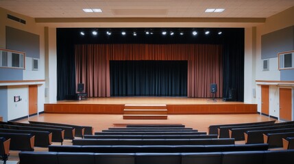 Empty Auditorium Stage with Seating Wide Shot Composition, Dark Blue and Peach Curtains, Performance Concept, Auditorium, Stage, Theater Auditorium, Theater