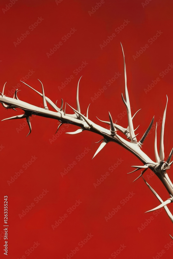 Aufkleber exploring the intricate detail of a thorny branch against a bold red background - a captivating stud