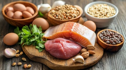 High-Protein Diet Food Composition Salmon, Turkey, Eggs and Grains, healthy eating, nutrition plan healthy diet, protein source