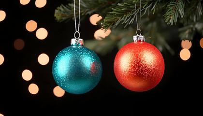 Fototapeta premium Colorful baubles hang on tree branch with warm bokeh background for festive decor. Generative AI