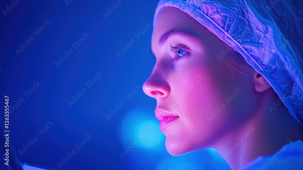Poster focused scientist analyzing data in a laboratory environment technology close-up perspective