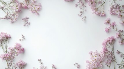 Pink Flower Frame Flatlay Composition, White Background, Floral Design, Spring Bloom Floral Flatlay, Spring Aesthetics