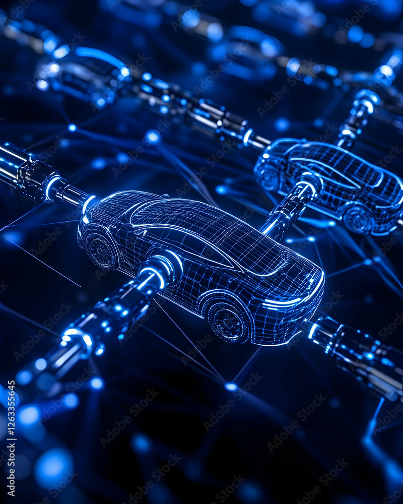 Poster connected car design networked; illuminated wireframe vehicle on a dark background. generative ai
