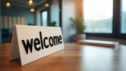 A Sleek Welcome Sign Rests on a Wooden Desk in a Contemporary Office Setting, Illuminated by Warm Sunlight