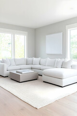Cozy living room interior with white couch & light gray walls for home design. Generative AI