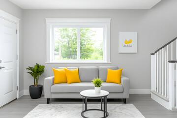 Cozy living room with sofa, plant, and artwork near staircase, for real estate. Generative AI