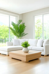 Fototapeta premium Cozy room White sofa and wood table with green plants and garden view, interior design. Generative AI
