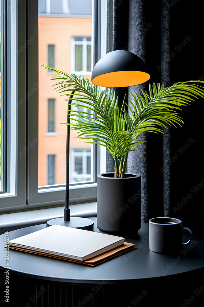 Poster desk with plant, lamp, and notebook in front of window for relaxing ambiance. generative ai