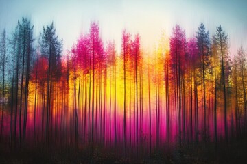 Fototapeta premium Vibrant sunset illuminates a colorful forest with tall trees and a magical atmosphere