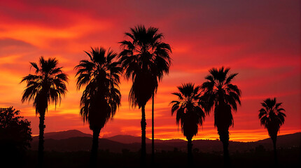 Majestic palm trees standing tall as dark silhouettes against a vibrant orange and red sunset in Los Angeles.