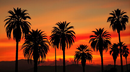 Majestic palm trees standing tall as dark silhouettes against a vibrant orange and red sunset in Los Angeles.