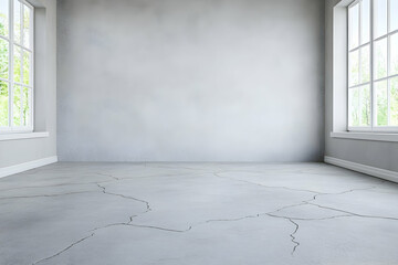 Obraz premium Empty, bright room with concrete floor and wall, two windows, view of trees. Generative AI