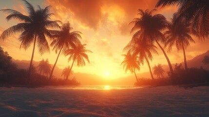 Golden Sunset Paradise: Tropical Beach at Dusk
