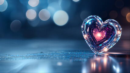 Crystal heart with bright red  heart inside against a blue background with bokeh lights, 