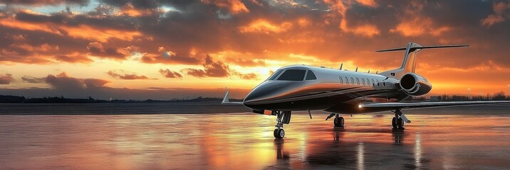 A luxurious private jet parked on the tarmac at sunset, reflecting golden hues from the sky. Private jet concept standing outside