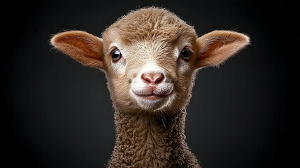 Fototapeta premium Cute lamb portrait, dark background, farm animal, spring