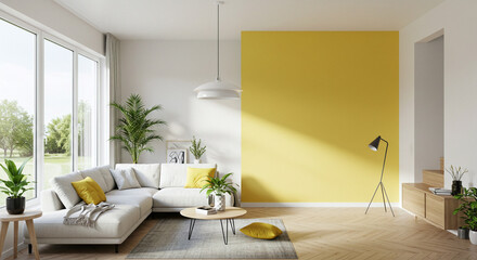 modern minimal house interior with accent yellow wall