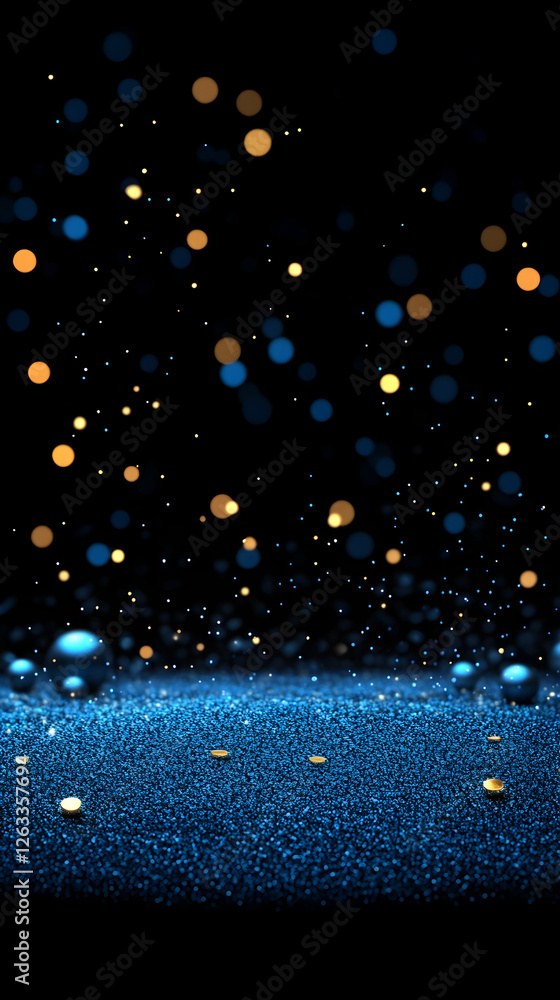 Aufkleber glittering particles fall on a sparkling blue surface with bokeh lights background. generative ai