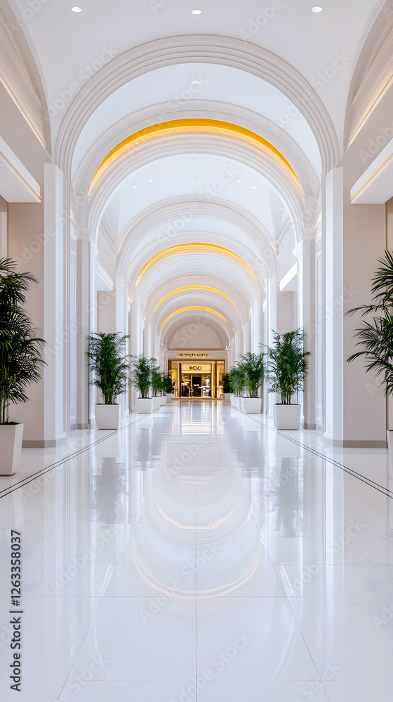 Poster hallway perspective white arches and columns create sense of depth and luxury. generative ai