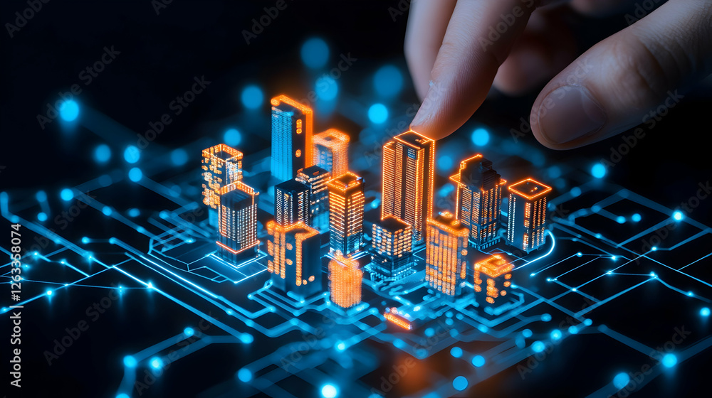 Poster hand over 3d city model on circuit board. high-tech planning and architecture. generative ai