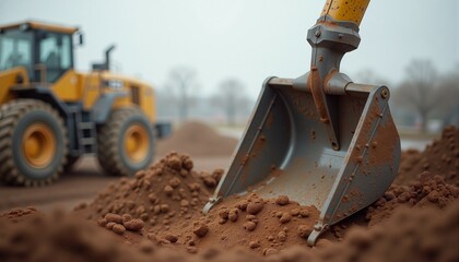 Excavator bucket digging into earth at construction site with heavy machinery in background