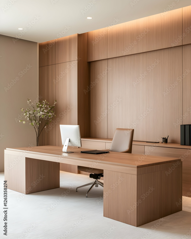 Aufkleber interior a modern office setting with a desk and a computer in warm tones. generative ai