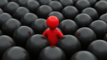 Fototapeta premium Red Figure Amidst Black Spheres Symbolizes Insider Threat Identification in Security Consulting and Risk Assessment