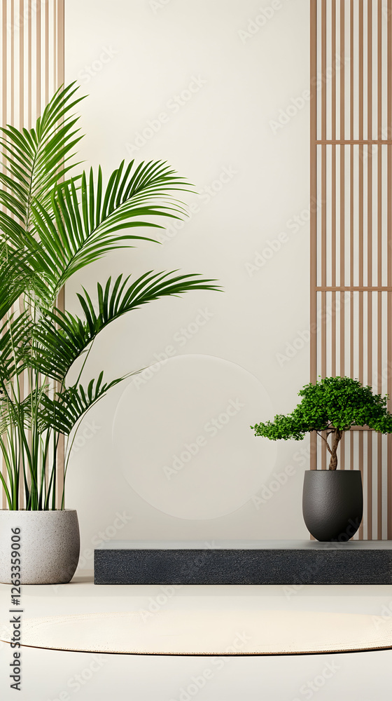 Poster minimalist display stand with plants for product presentation background space. generative ai