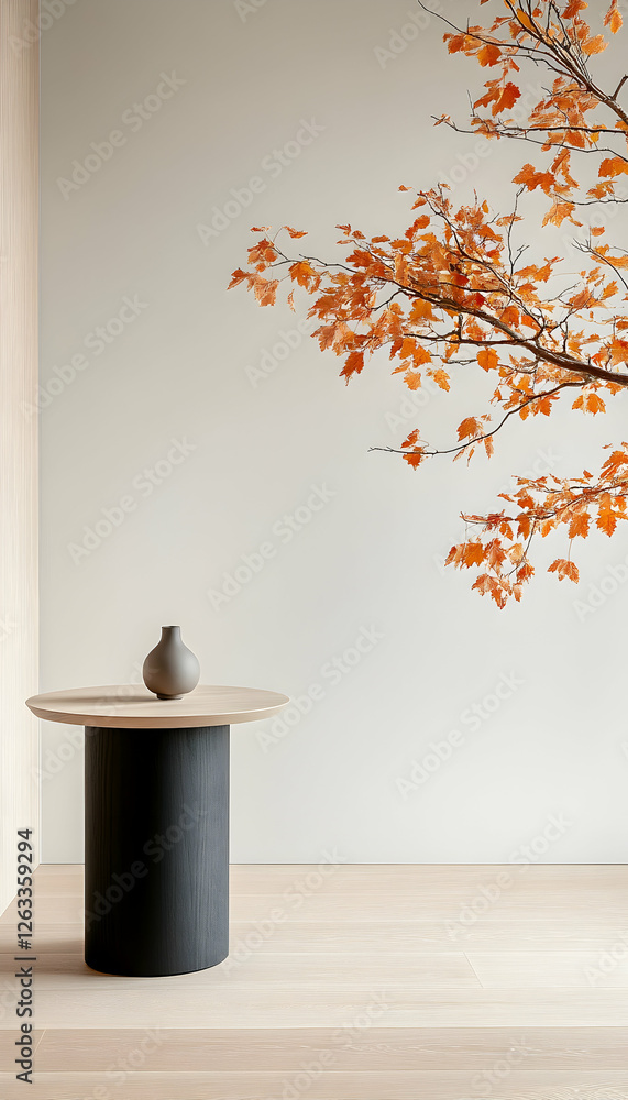 Poster minimalist table display vase sits near autumn leaves against a plain backdrop. generative ai