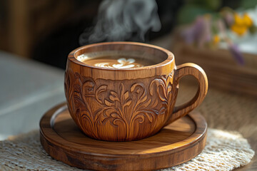 Fototapeta premium Hand-carved wooden coffee cup releasing steam, beautifully crafted with intricate designs, resting on a wooden plate in a cozy setting