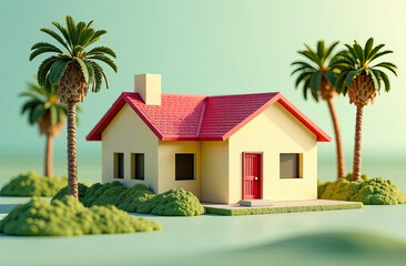 Cartoon house model and palms. White building with red roof