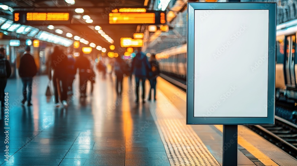 Poster empty billboard at train station with busy commuters in background
