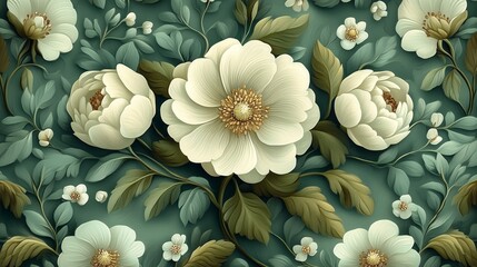 A beautiful pattern featuring soft white flowers and green leaves, perfect for a calm and elegant floral design.
