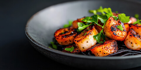 Indulge in the Flavorful Delights of Grilled Scallops: A Stunning Culinary Presentation with Fresh Herbs and Perfectly Seared Texture for an Unforgettable Dining Experience
