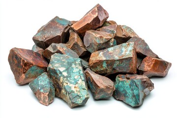 A pile of copper ore rocks with patina Natural specimens displaying a blend of reddish-brown