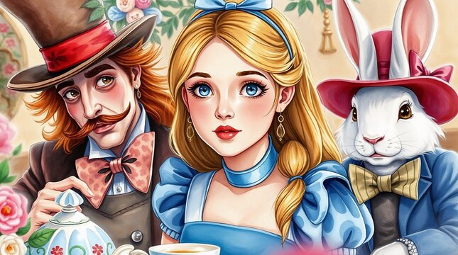 Alice with the Mad Hatter and the March Hare at a Whimsical Tea Party in Wonderland