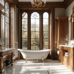 Luxurious antique-style bathroom with grand windows, showcasing a freestanding tub