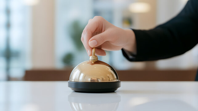Hand ringing service bell on white counter. Concierge assistance. Reception or hotel help. Simple service desk in a light lobby area. Selective focus.
