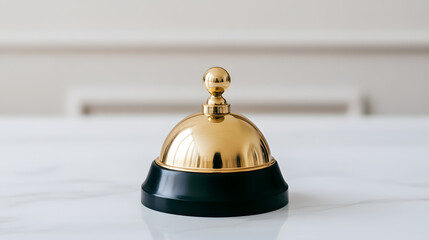 Elegant service bell with gold top and dark base, sitting on a white marble surface. Classic symbol of assistance and hospitality.